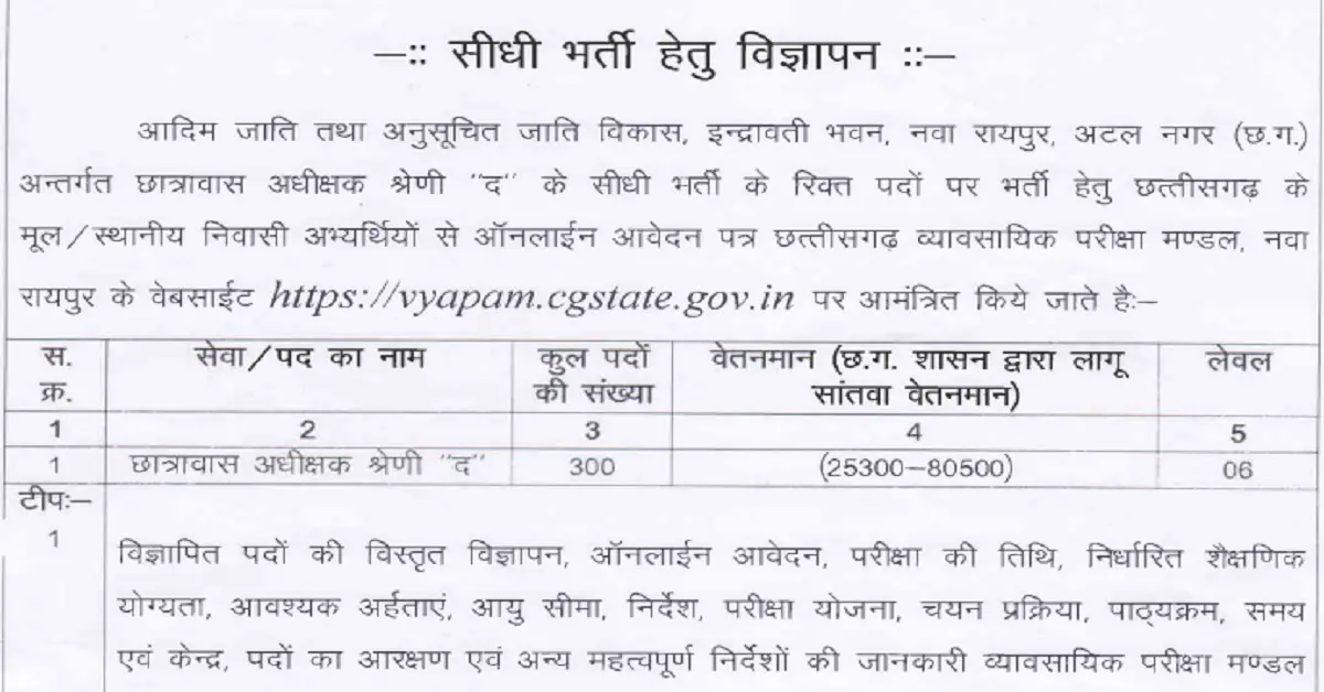 छत्तीसगढ़ आदिवासी विभाग में छात्रावास अधीक्षक भर्ती का नोटिफिकेशन जारी | CG Tribal Department Recruitment