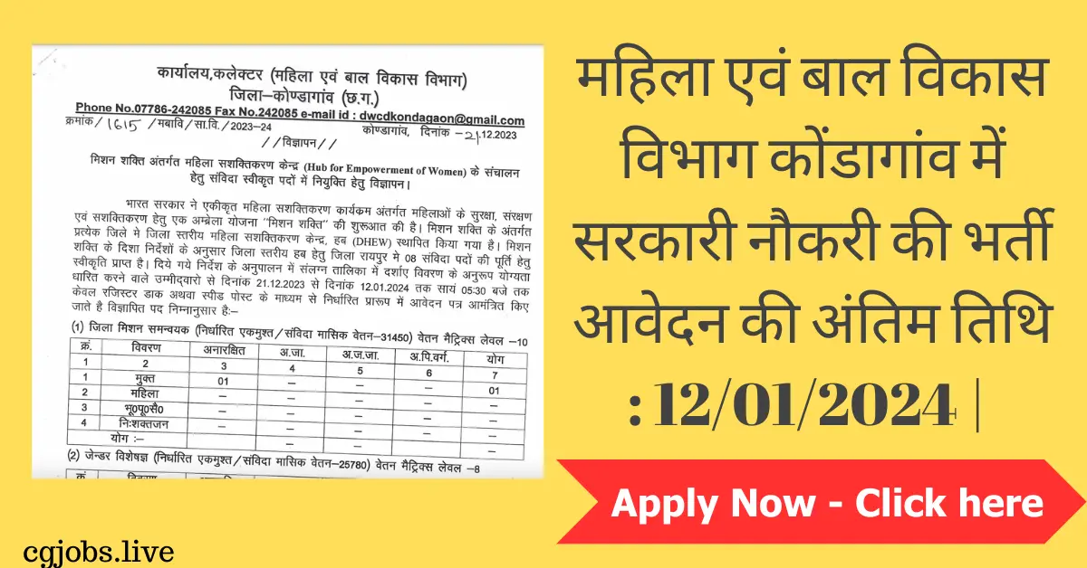 Mahila Bal Vikas Vibhag Kondagaon Recruitment 2024